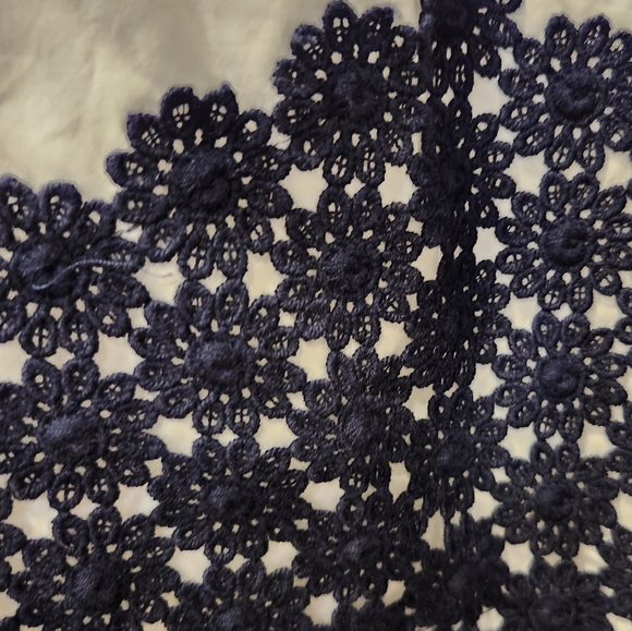 White 100% Cotton Dress with Blue Floral Crochet at Neckline and Hemline - Picture 10 of 13